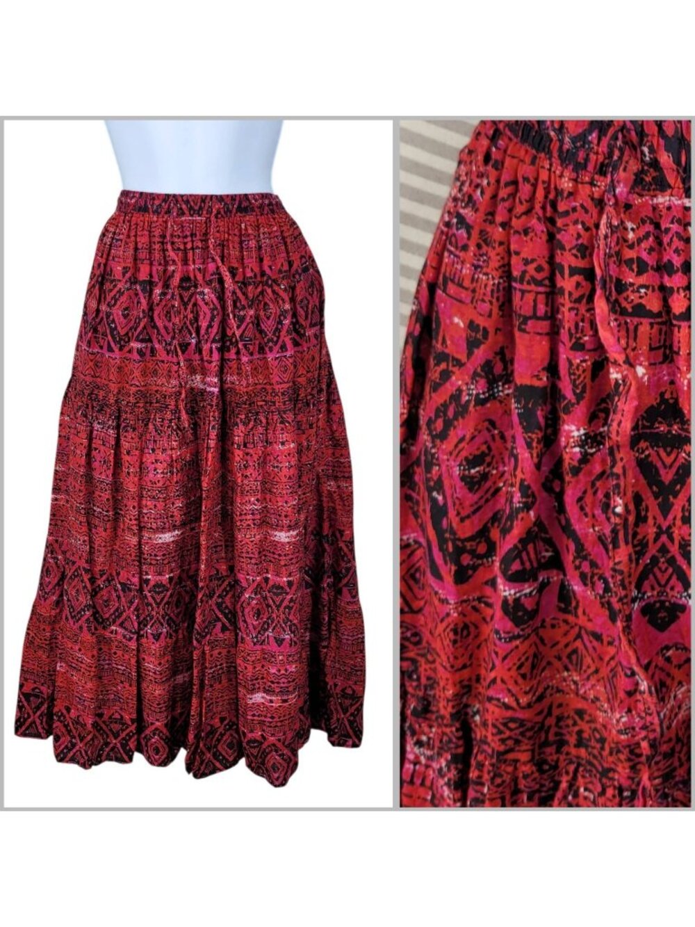 Jane Ashley Skirt Size Large Tiered Floral Pull On Geometric Red Stretch Waist